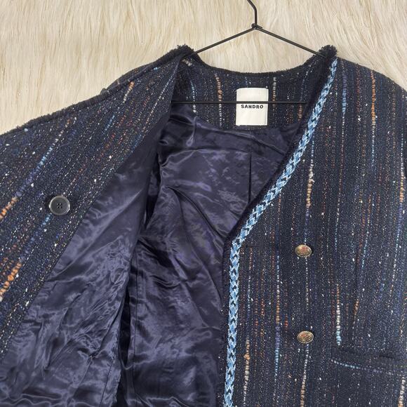 NWT Sandro Colibri Tweed Double-Breasted Jacket Navy Blue Marine Designer Size 8 - Picture 8 of 14